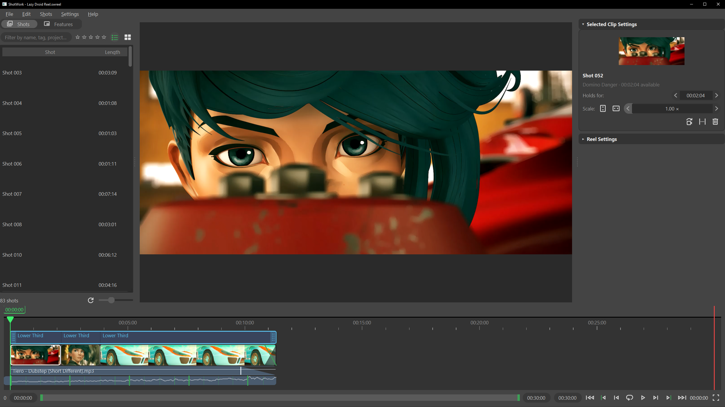 The ShotWork window on a reel tab, showing the Shots and Features tabs, the shot picker on the left, the viewer in the center, the reel settings panel on the right, and the reel timeline with its template band, clips and music lane along the bottom.