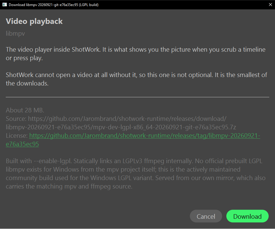 The component download dialog, naming the component, the exact URL it will fetch from, and a link to that component's license, with Download and Cancel buttons.