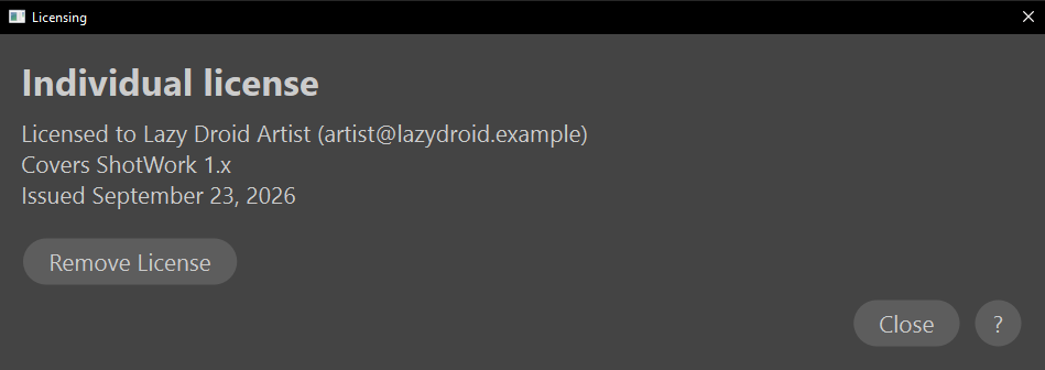 The Licensing window reading Individual license, licensed to Lazy Droid Artist with an email address, covering ShotWork 1.x, issued September 23, 2026, with a Remove License button.