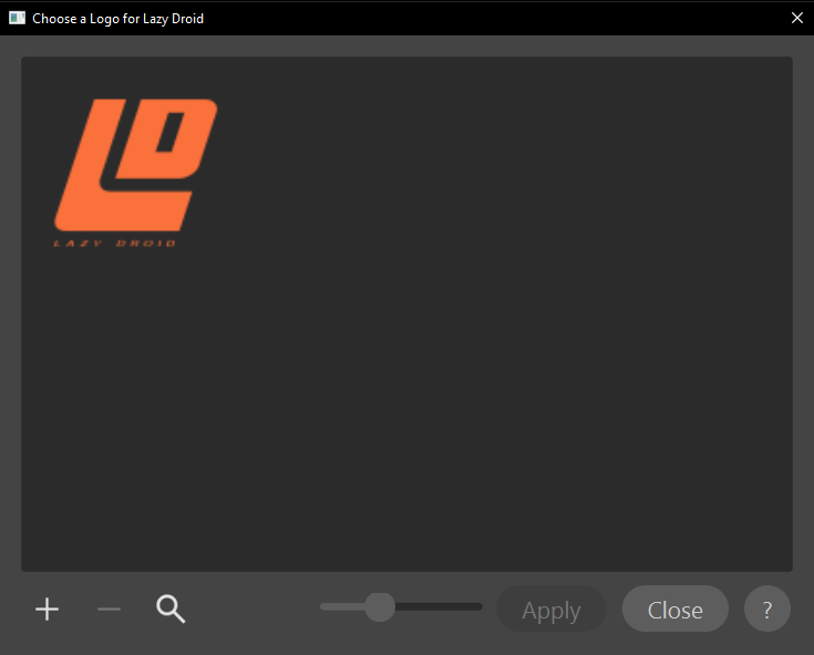 The Choose a Logo for Lazy Droid dialog showing one logo tile in the pool, add, remove and search buttons, a size slider, and Apply and Close buttons.