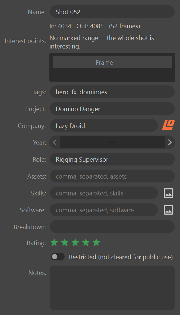 The detail panel for a selected shot, showing Name, Interest points, Tags, Project, Company, Year, Role, Assets, Skills, Software, Breakdown, Rating, the Restricted switch, and Notes.